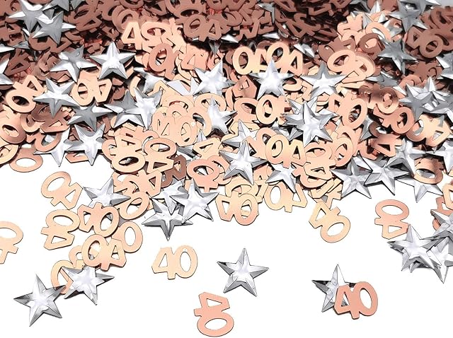 iZoeL 40th Rose Gold Table Confetti Bag 30g incl. 40th Birthday Confetti (1000pcs) Silver Star Confetti Sequin(200pcs) for 40th Birthday Party Wedding Anniversary Table Decoration (Rose Gold 40)