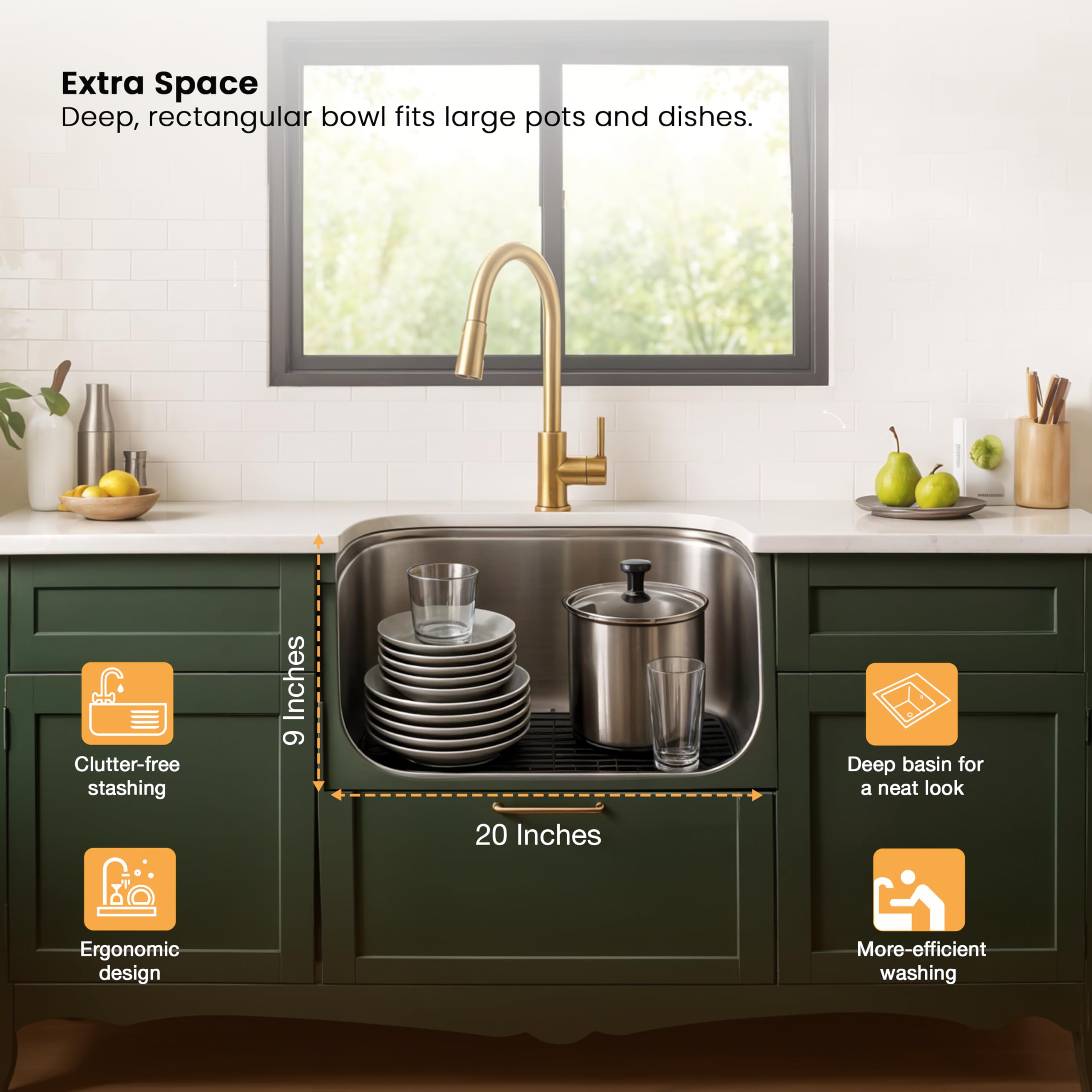 Ruhe® Hydraulic Square Single Bowl Kitchen Sink - 24x18x9 inches | 304-Grade Stainless Steel Sink with Glossy Finish | Kitchen Sink Including Coupling and Waste Pipe 3