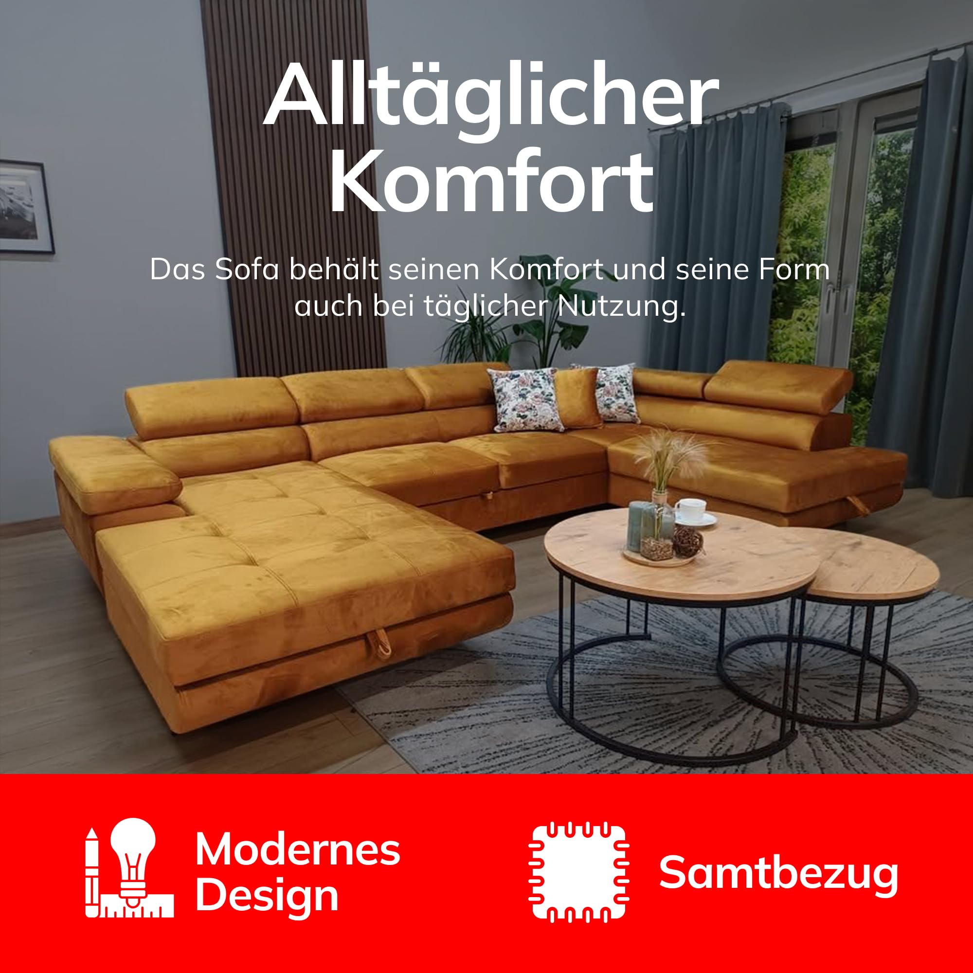 U-Form Sofa Rodos 345x202x90 cm, Schlaffunktion, Grau, Links