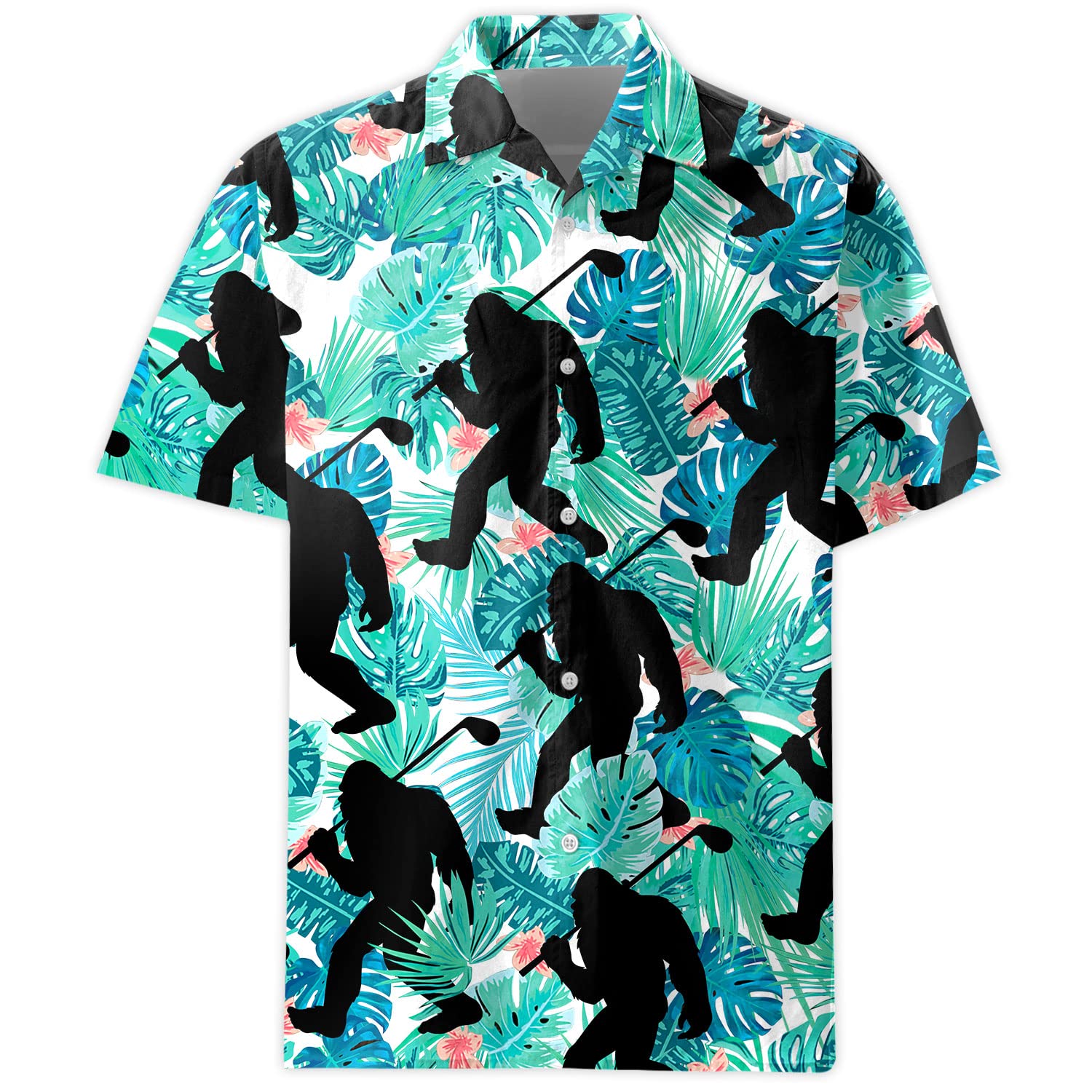 MOOLEY Funny Bigfoot Golf Tropical Hawaiian Shirt for Men, Summer Aloha Button Down Shirt, Tropical Short Sleeve Shirt for Men