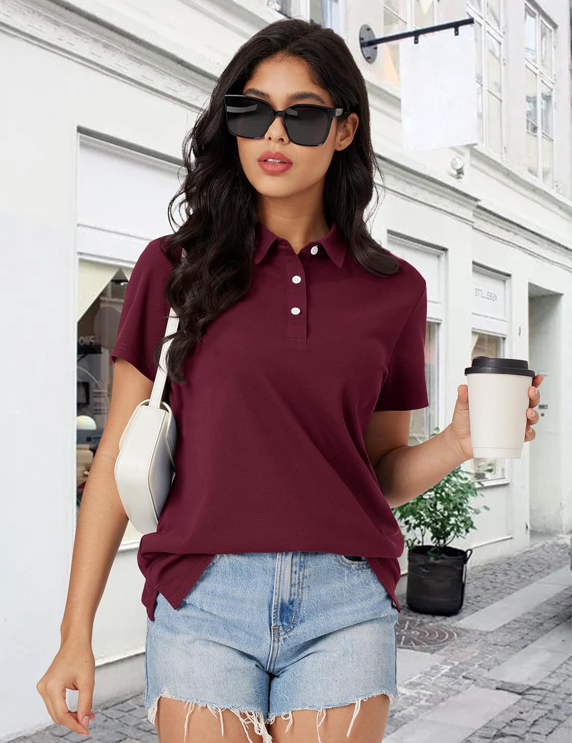 MAGCOMSEN Women's Polo Shirts Cotton Short Sleeve Shirt 3 Buttons Collared Shirts Summer Casual Wicking Golf Tops
