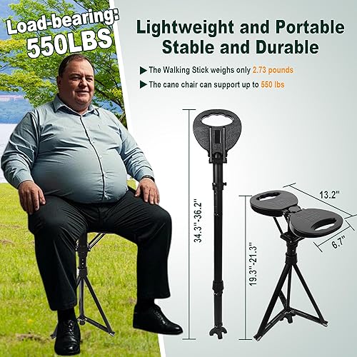 Miniatura 4 de Bastón ajustable con asiento plegable ligero, silla de caña portátil para adultos y personas mayores, bastón con asiento para viajes, senderismo,