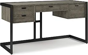 SIMPLIHOME Hampden SOLID ACACIA WOOD Modern Industrial 60 Inch Wide Desk in Weathered Grey, For the Office Desk, Writing Table, Workstation and Study Table