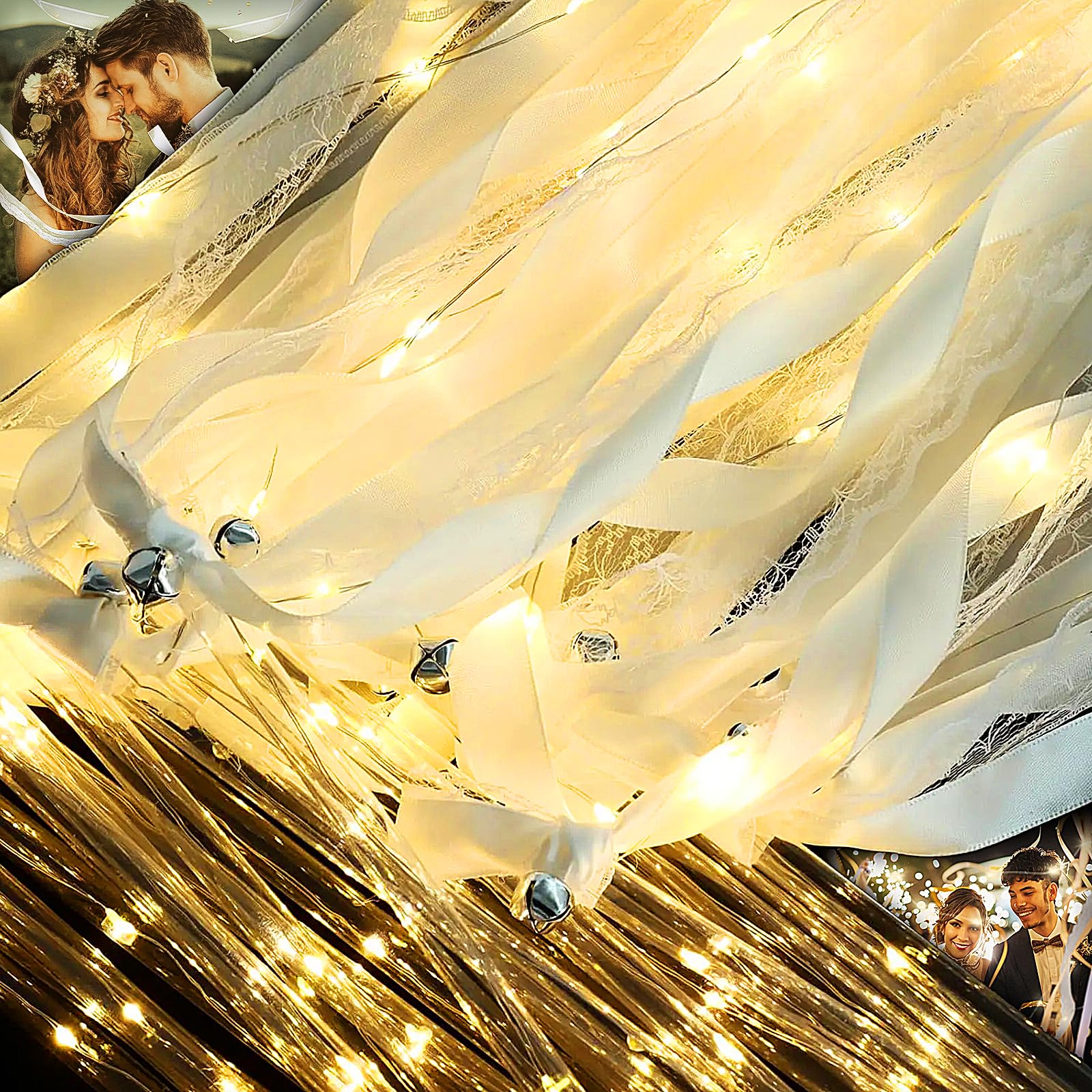 25 pcs Glowing Ribbon Wand for Wedding,LED Light Up Wand with 3 Colorful Flashing Modes,Romantic Decoration Gift for Bride&Guests,Silk Fairy Wand with