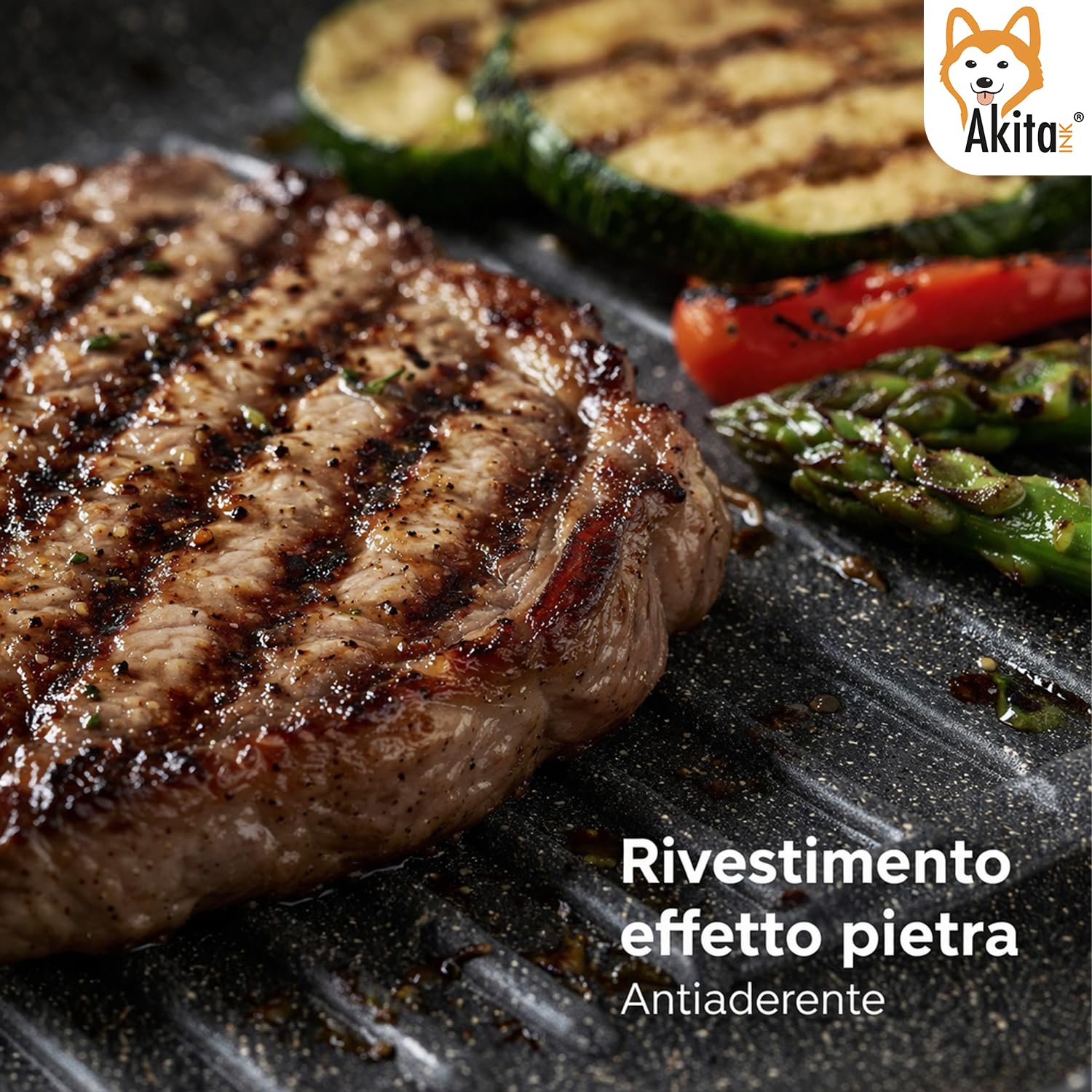 AKITAInk Bistecchiera Antiaderente Effetto Pietra - Grill per Carne e Verdure, Salvaspazio, Disponibile in Diverse Misure, Ideale per Uso Quotidiano (Bistecchiera Cuore di Pietra 33x26 cm)