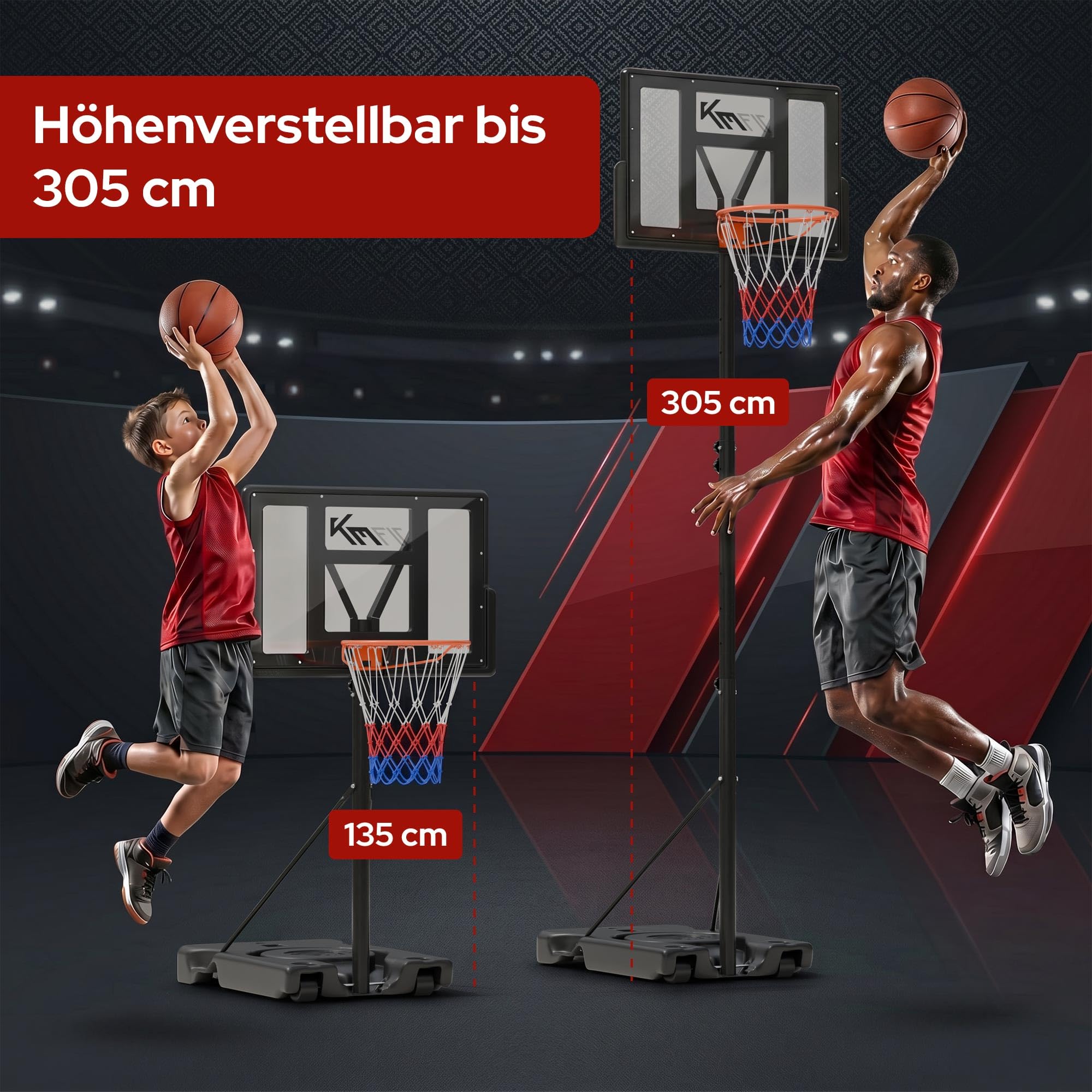 KM-Fit Basketballkorb Outdoor höhenverstellbar 135–305 cm | Mobiler Basketballständer mit Federkorb, Rollen & Backboard | Basketballanlage für Kinder, Jugendliche & Erwachsene | inkl. 2 Netze