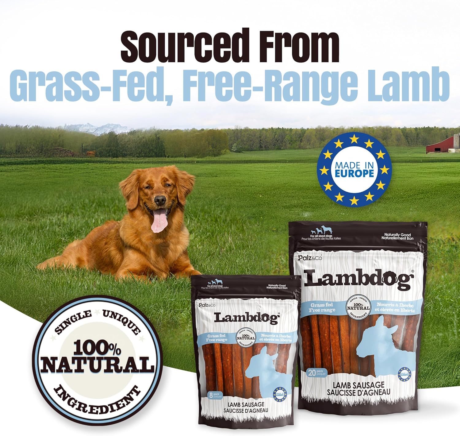 Palz&Co Lambdog Lamb Sausage Dog Treats - 20 Pack of All-Natural Grain-Free Chews for Dogs, Supports Dental Health & Hip and Joint Care, No Artificial Additives