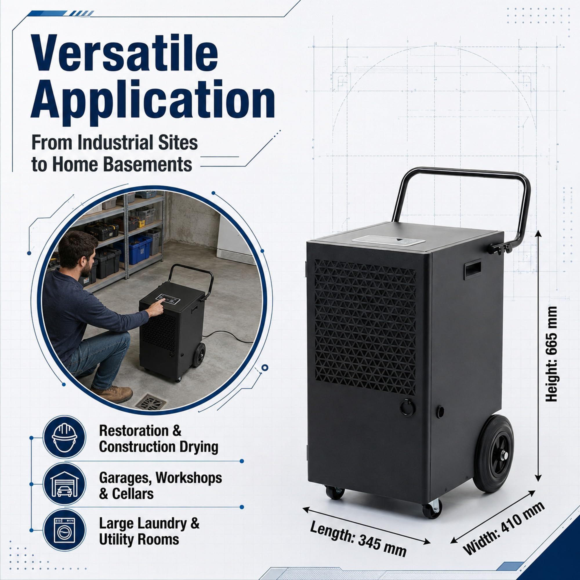 Kalopsia Industriel Déshumidificateur d'Air Électrique: 120L/Jour Couvre 300m²/600m³ avec Pompe de Relevage 24Hr Minuterie Pour Cave/Bureau/Garage/Cuisine/Salle de Bain