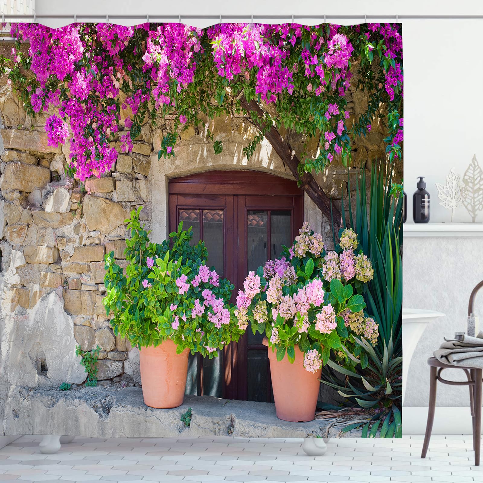 OCEUMACO Garden Shower Curtain Outdoor, 3D Window Flowers Stone Wall Italian Scenery Shower Curtains Bathroom Outside Decor, Garden Scene Theme Waterproof Fabric with Hooks 180x200 cm, A019