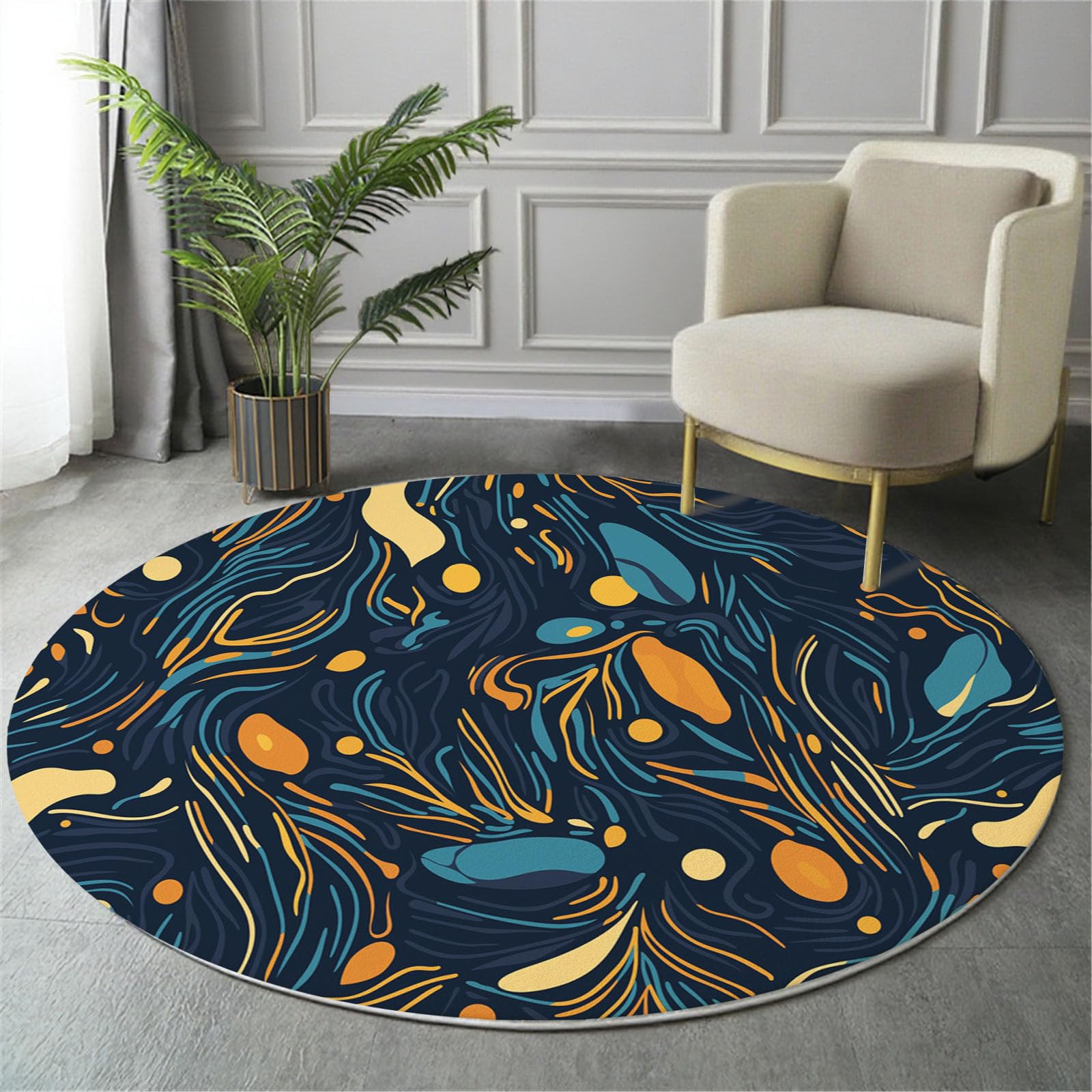 Tapis rond marbre noir et orange abstrait, l'élégance des poils ras classiques