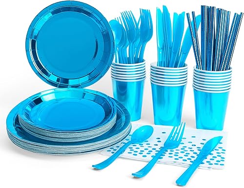 fanquare Juego de vajilla de fiesta de lunares azules, 192 piezas, platos de papel, vasos, servilletas, cubiertos de plástico, pajitas, cuchara,