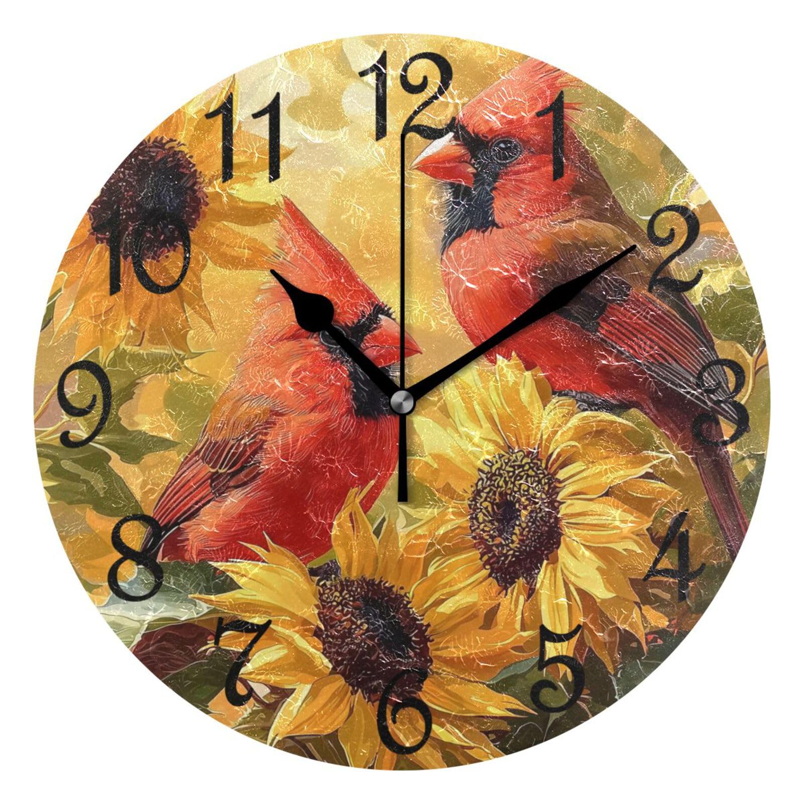 Tournesol oiseau rouge grands chiffres horloge murale comme cadeau de crémaillère pour salon