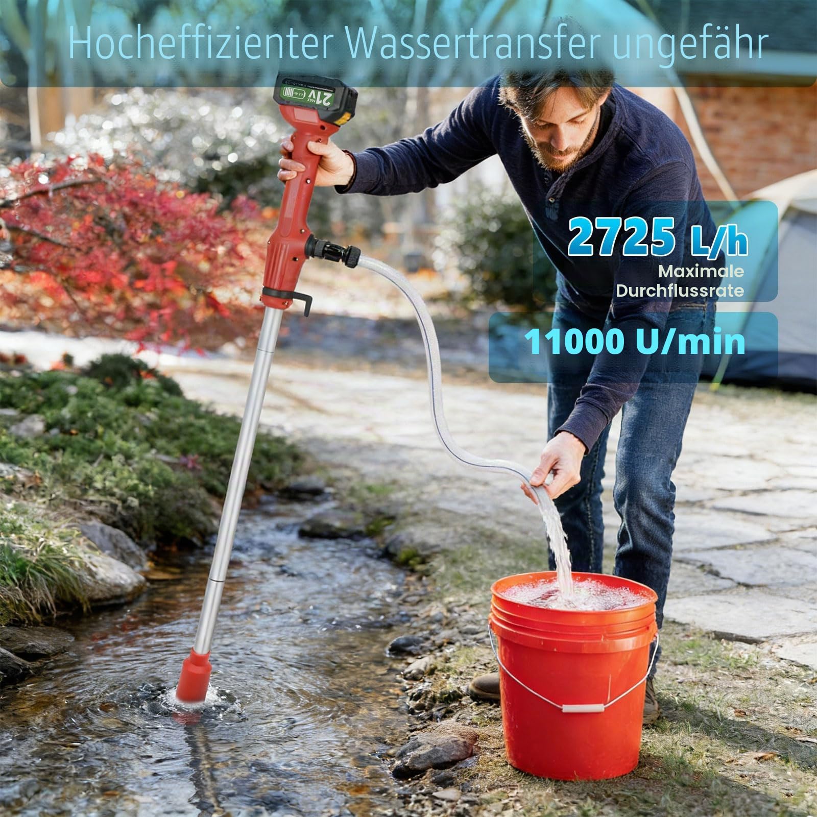 Akku-Regenfasspumpe, Kabellose Stangen Wasserpumpe mit 2 x 4,5 Ah Akku, 11000 U/min, 2725 L/H Fördermenge, tragbare Tauchpumpe mit Akkuanzeige und Ladegerät für Garten, Pool und Boote