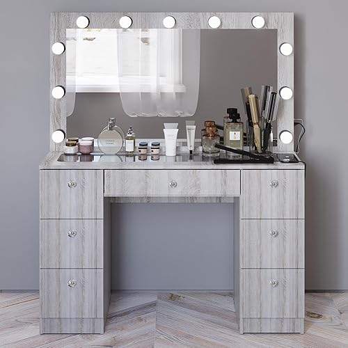 Boahaus Freya Large Makeup Vanity Desk with Hollywood Vanity Mirror with Lights, 7 Drawers, Non-Glass Top Vanity, Basic Knobs, 56.13'' H x 46.44'' W x 15.44'' D (White-1) (Grey-1)