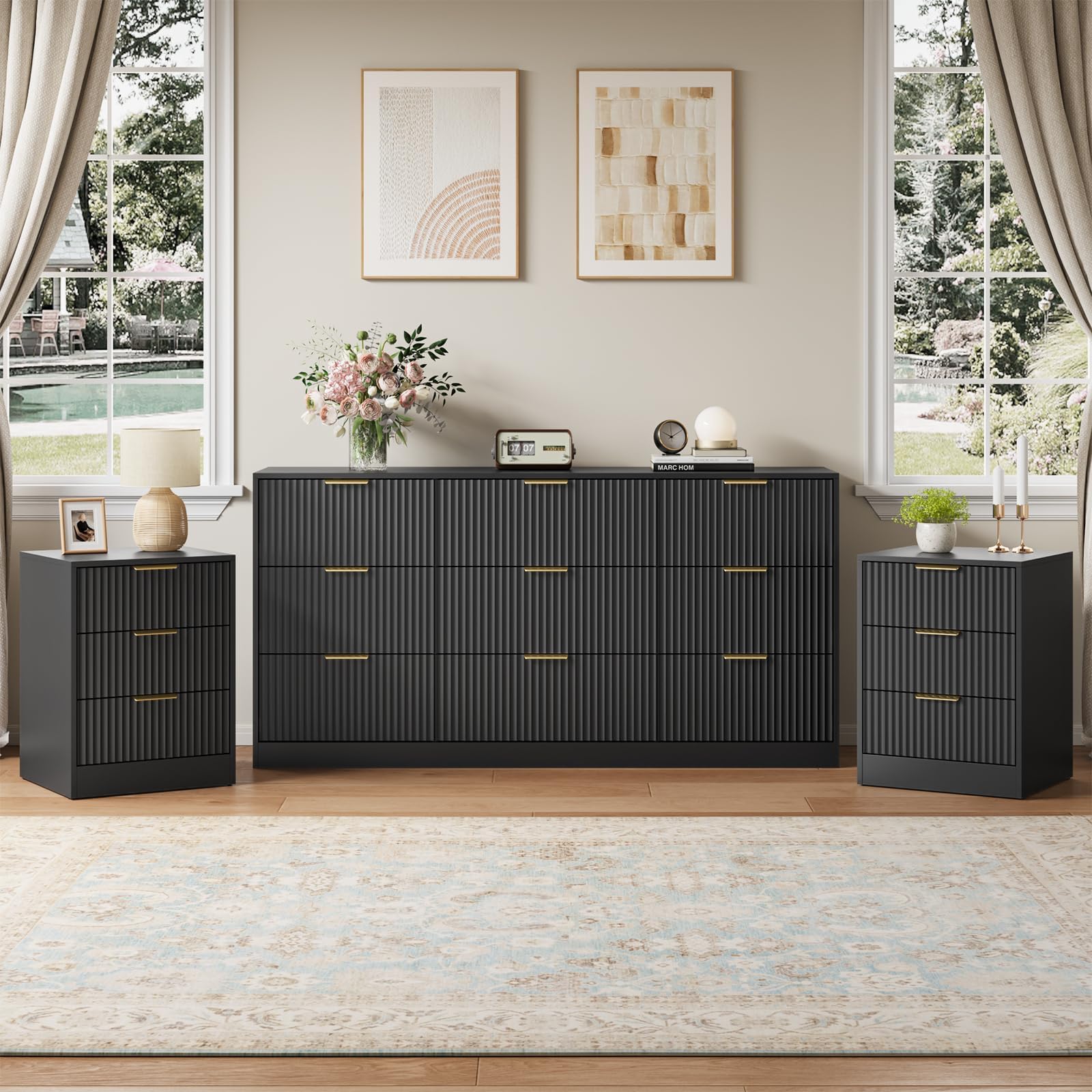 Amazon.com: NOVAMAISON 9 Drawer Black Dresser & Nightstand Set 3-Piece