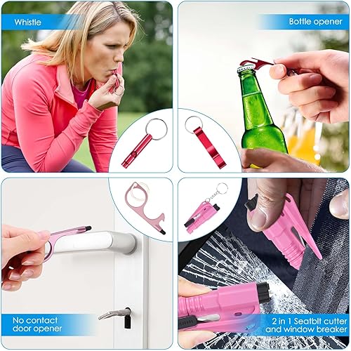 Miniatura 3 de Juego de llaveros de seguridad para mujer, con alarmas personales, abridor de botellas, pompones, espejo, silbato, cuerda de cuentas, bolsa de