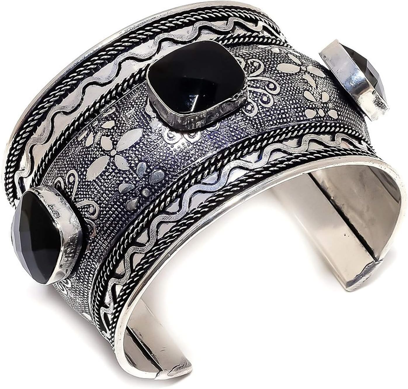 LARA GEMS STONES AND JEWELLERS Black Onyx Gemstone Ethnic Style 925Sterling Silver Cuff Bracelet Adst. OP-2065