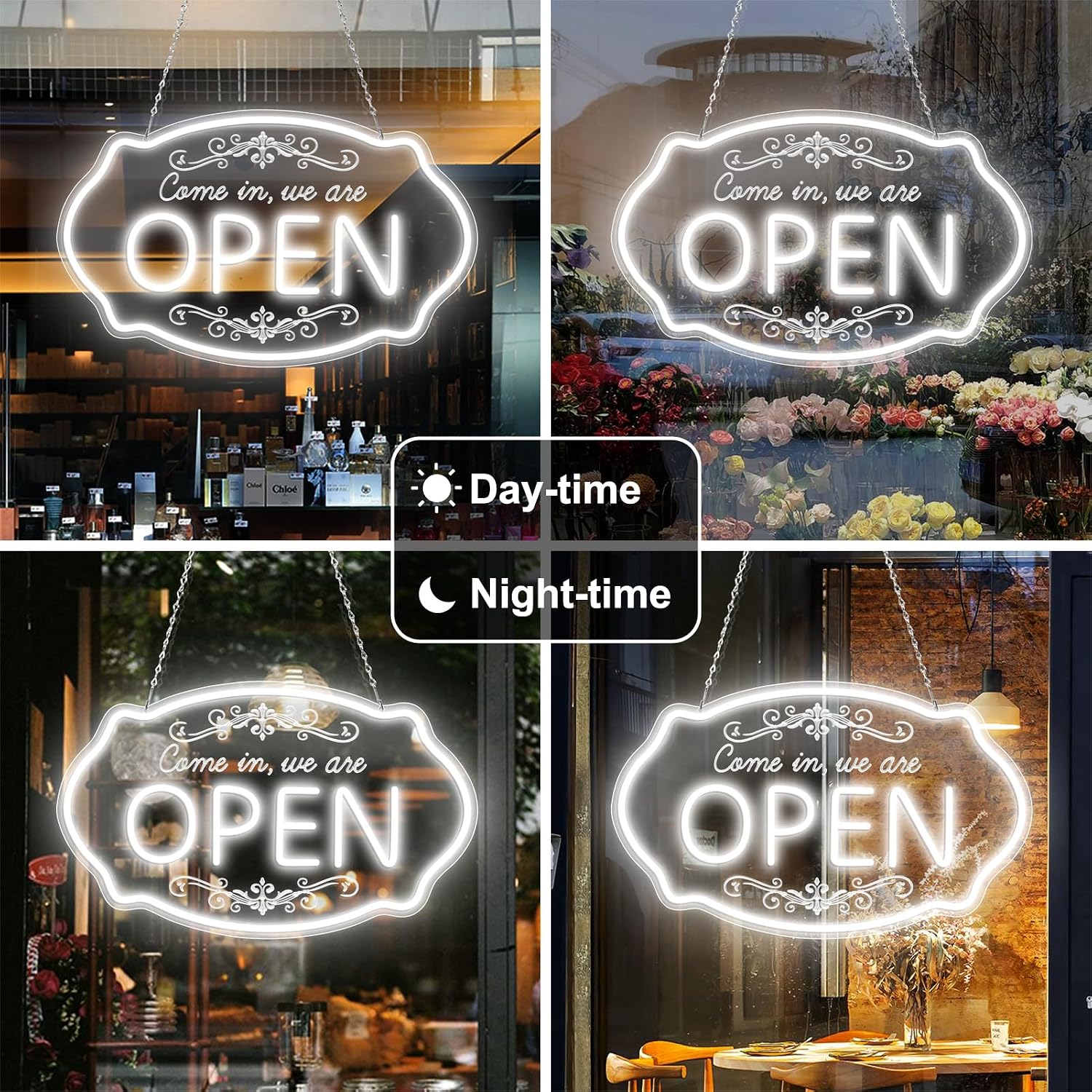 LED Neon Open Sign for Business, 16.5x10'' Come in We’re Open Sign, Daylight White Adjustable Brightness Neon Lights for Party, Bar, Salon, Stores, Hotel, Wall Decor, Clubs, Hotels