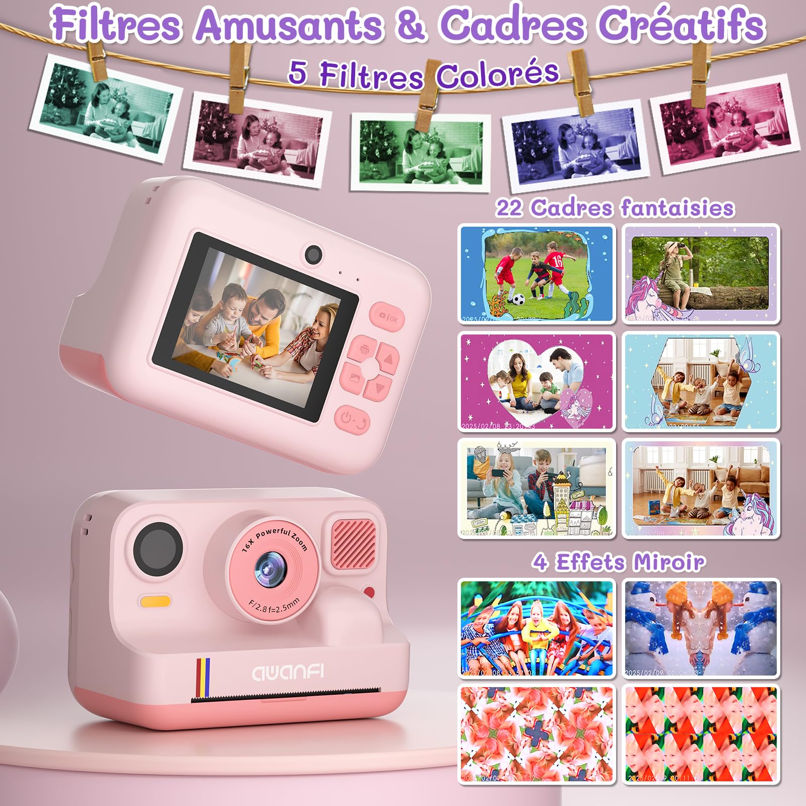 Appareil Photo Instantané Enfant Cadeau Jouet Fille Garçon 3-12 Ans, AWANFI Caméra Numérique Vidéo 1080P Carte 32GB avec 3 Rouleaux de Papier et Impression APP Bluetooth