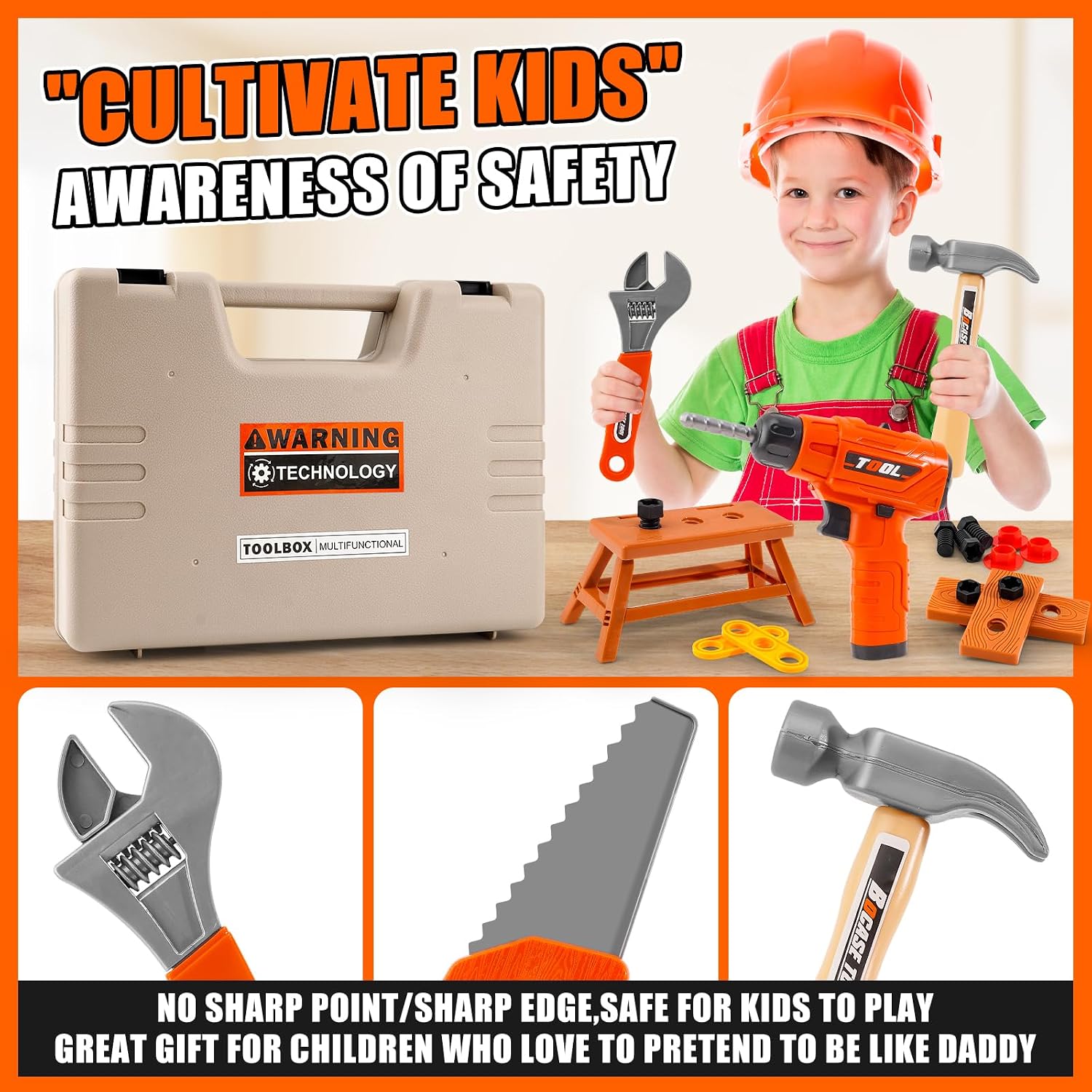 45Pcs Kids Tool Set with Electric Drill Toy and Portable Toddler Toolbox, Tool Box for Kids Age 3-5,Montessori Play Toolbox, STEM Educational Tool Toys Birthday Gift At Ages 3–6 for Pretend Play Sets