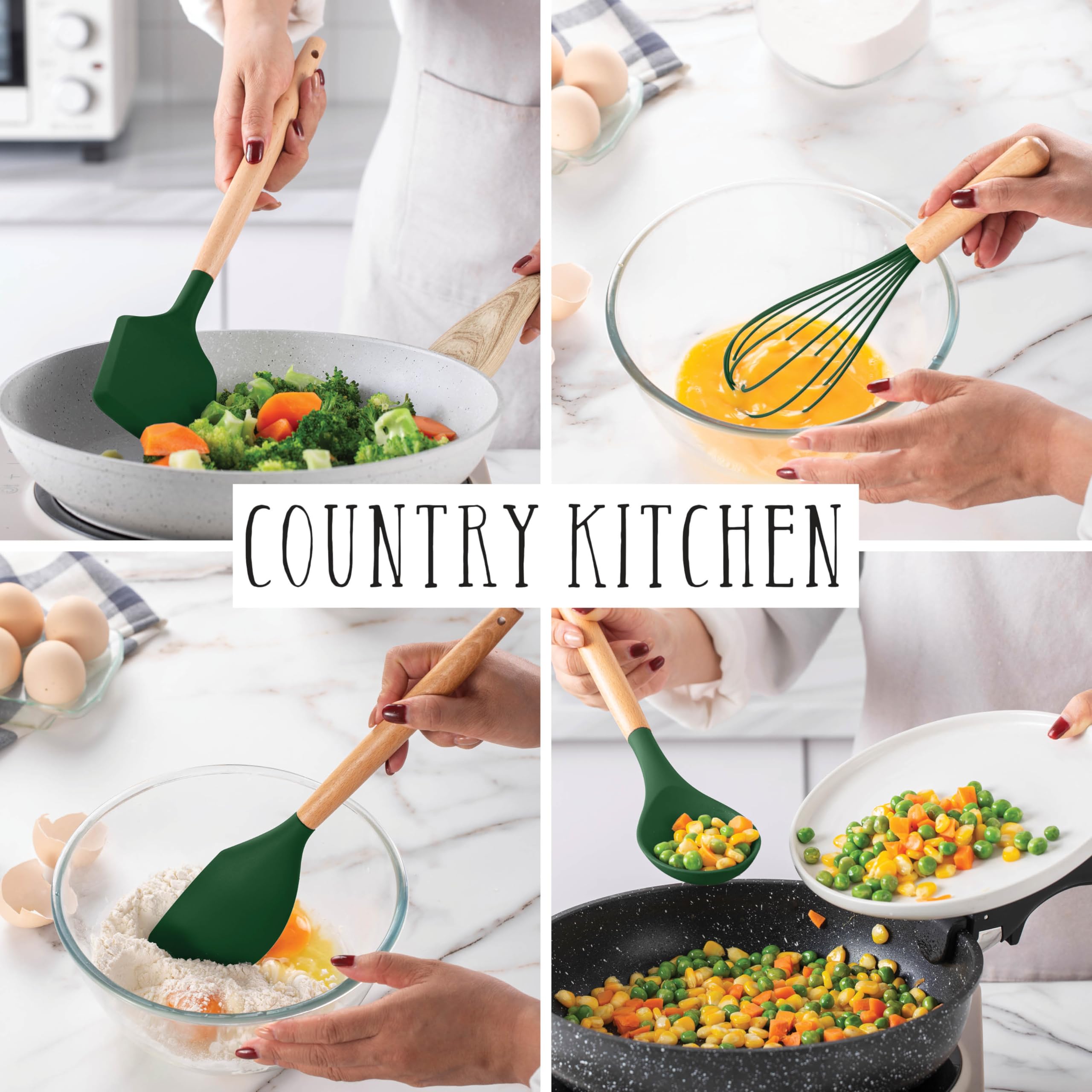Country Kitchen Antihaft-Silikon-Utensilien-Set mit abgerundeten Holzgriffen zum Kochen und Backen, 14-teiliges Set, Grün
