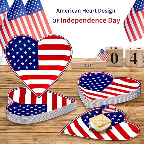 Miniatura 3 de Platos de fiesta del 4 de julio, 50 platos a granel del Día de la Independencia con forma de corazón patriótico para fiesta del 4 de julio, día