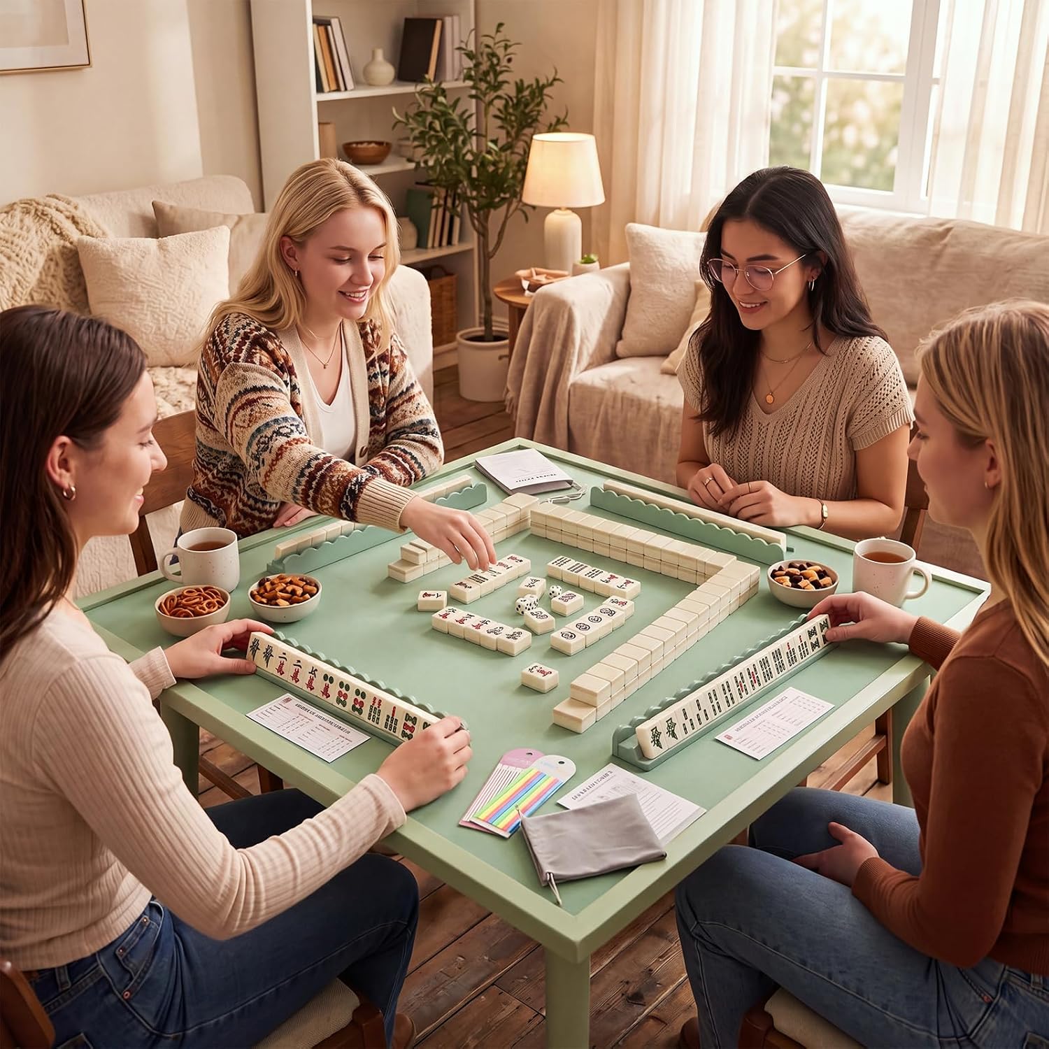 Lewtemi 4 Pcs Mahjong Racks with Pushers and Bag Wooden American Mahjong Racks with Accessories for Player Gift Family Game Nights(Mouse Green,Scallop,Wood) image 5