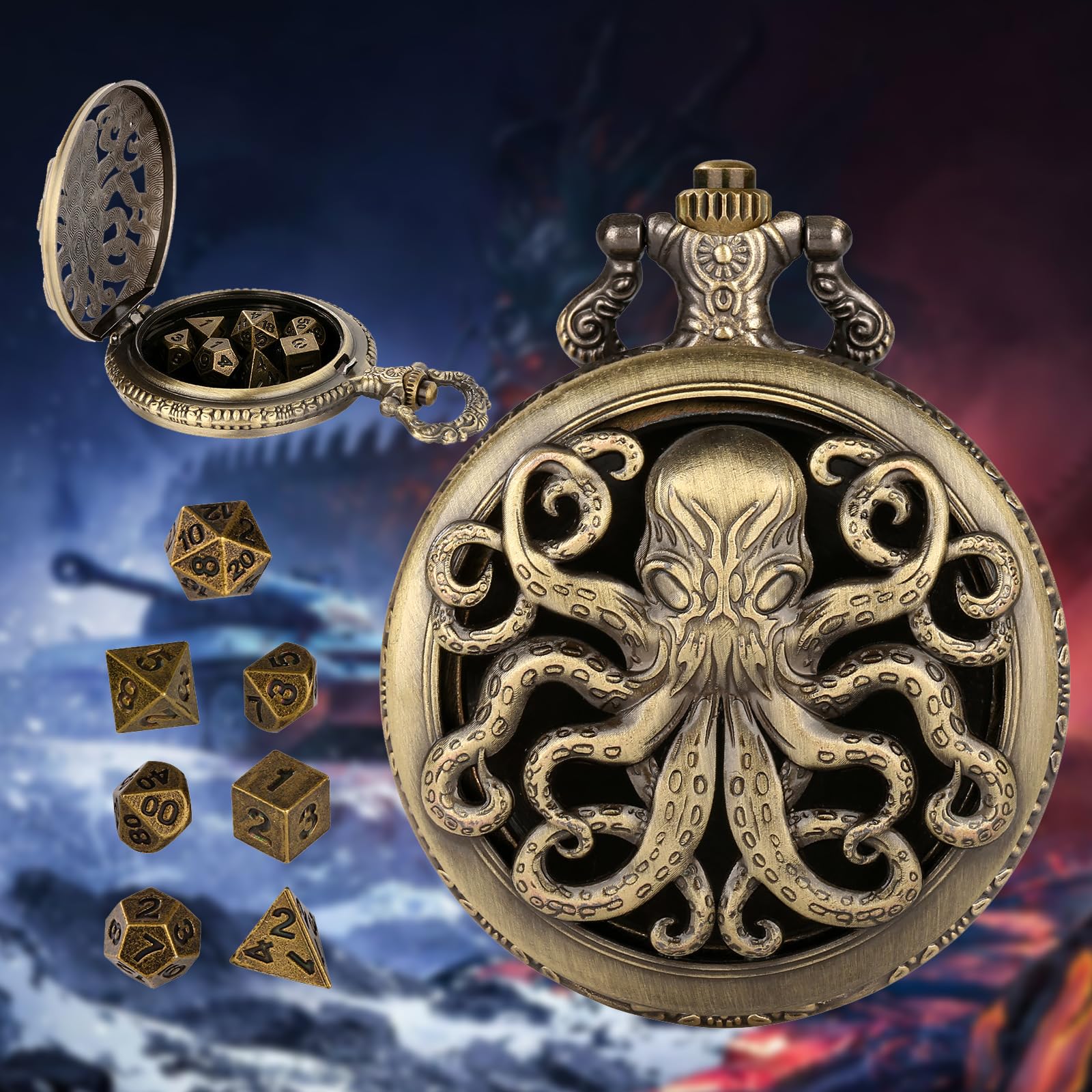 Mini Dados DND con Caja de Reloj de Bolsillo Steampunk Hueco Pulpo - 7 Piezas Poliédrico Metal D&D Juego de Mesa - Bronce