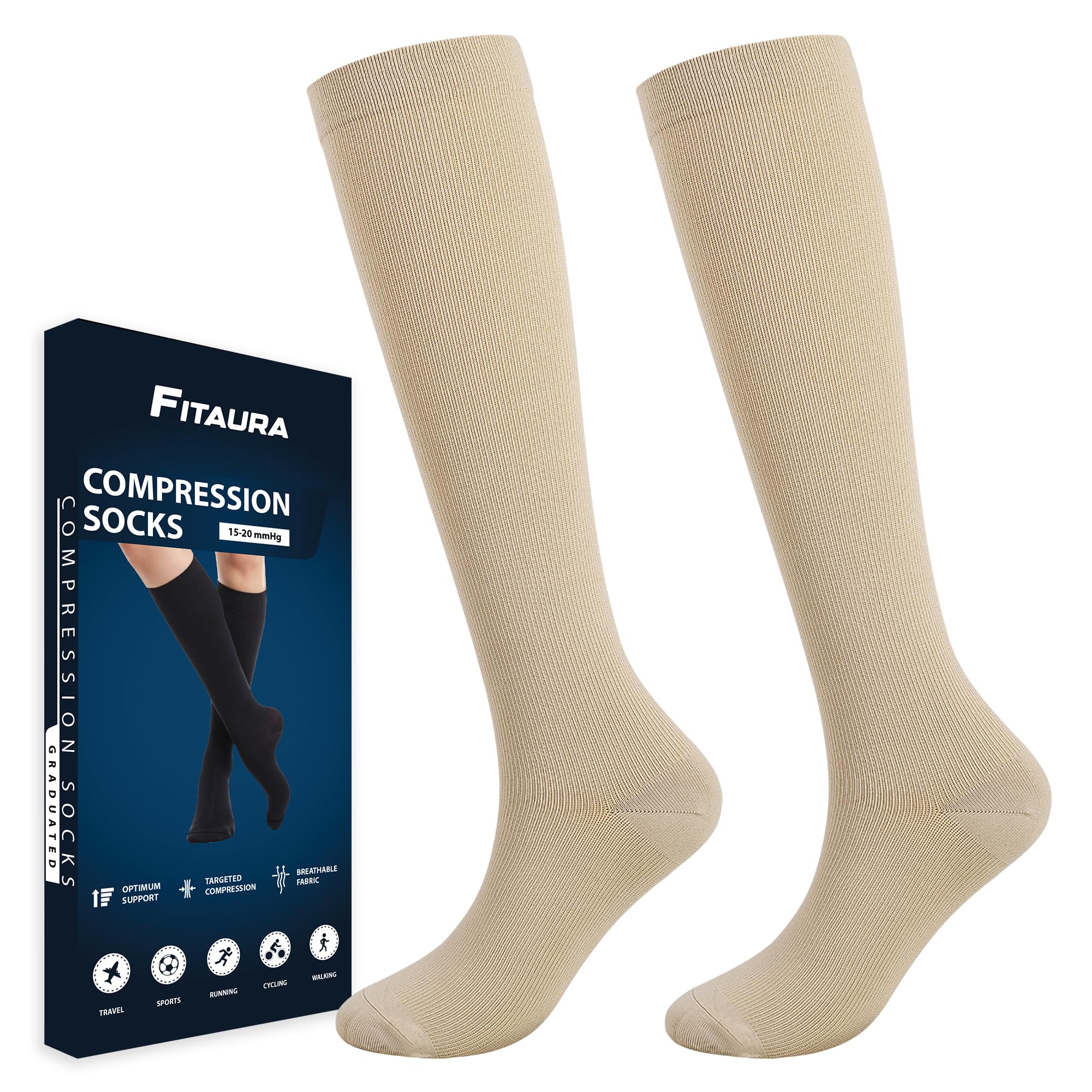 Fitaura Unisex Beige Compression Socks For Women & Men | 15-20Mmhg Support Stockings For Flight, Travel, Sports, Running | Graduated Compression For Calf & Ankle Circulation | 1 Pair S/M