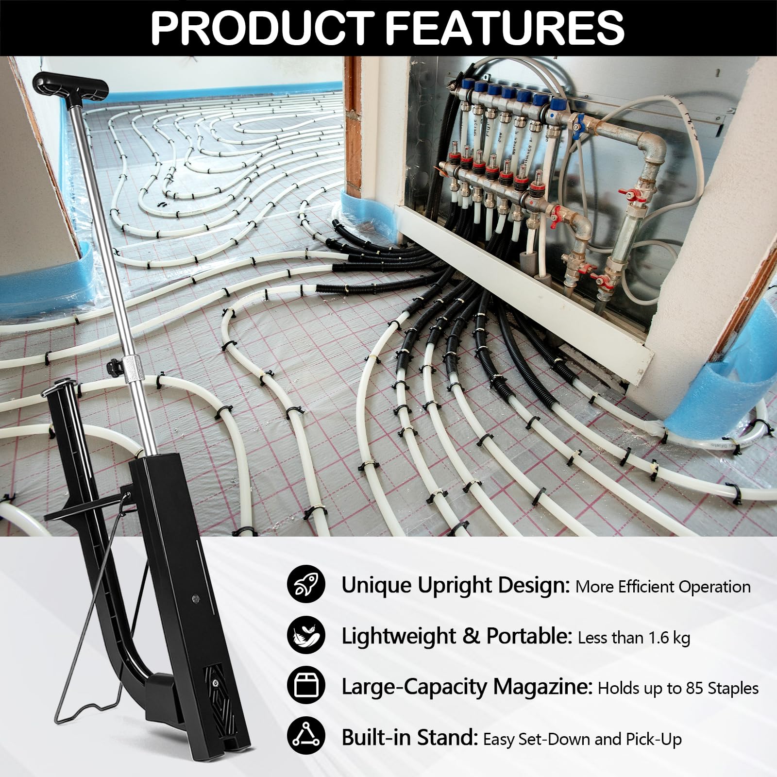 Grapadora profesional de 90 cm para calefacción por suelo radiante, con 500 agujas de grapadora de 40 mm, para tubos de calefacción de 14 a 20 mm de diámetro, apto para grapas de 40 a 50 mm