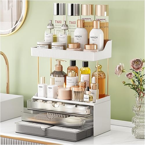 Miniatura 13 de Organizador de encimera de baño de 3 cajones, organizador de maquillaje de 5 niveles, organizador de perfumes versátil, ideal para almacenamiento en