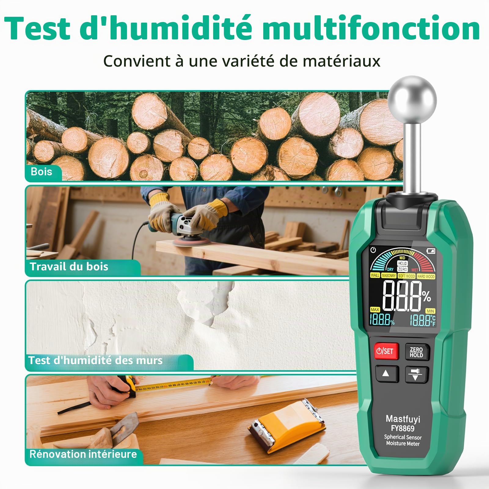 Humidimètre Mural Sans Contact Testeur LCD Alarme Bois & Matériaux | Testeur d'Humidité Non Destructif avec Alarme Sonore et Écran LCD pour Bois et Matériaux de Construction (Mur, Sol, Plafond)