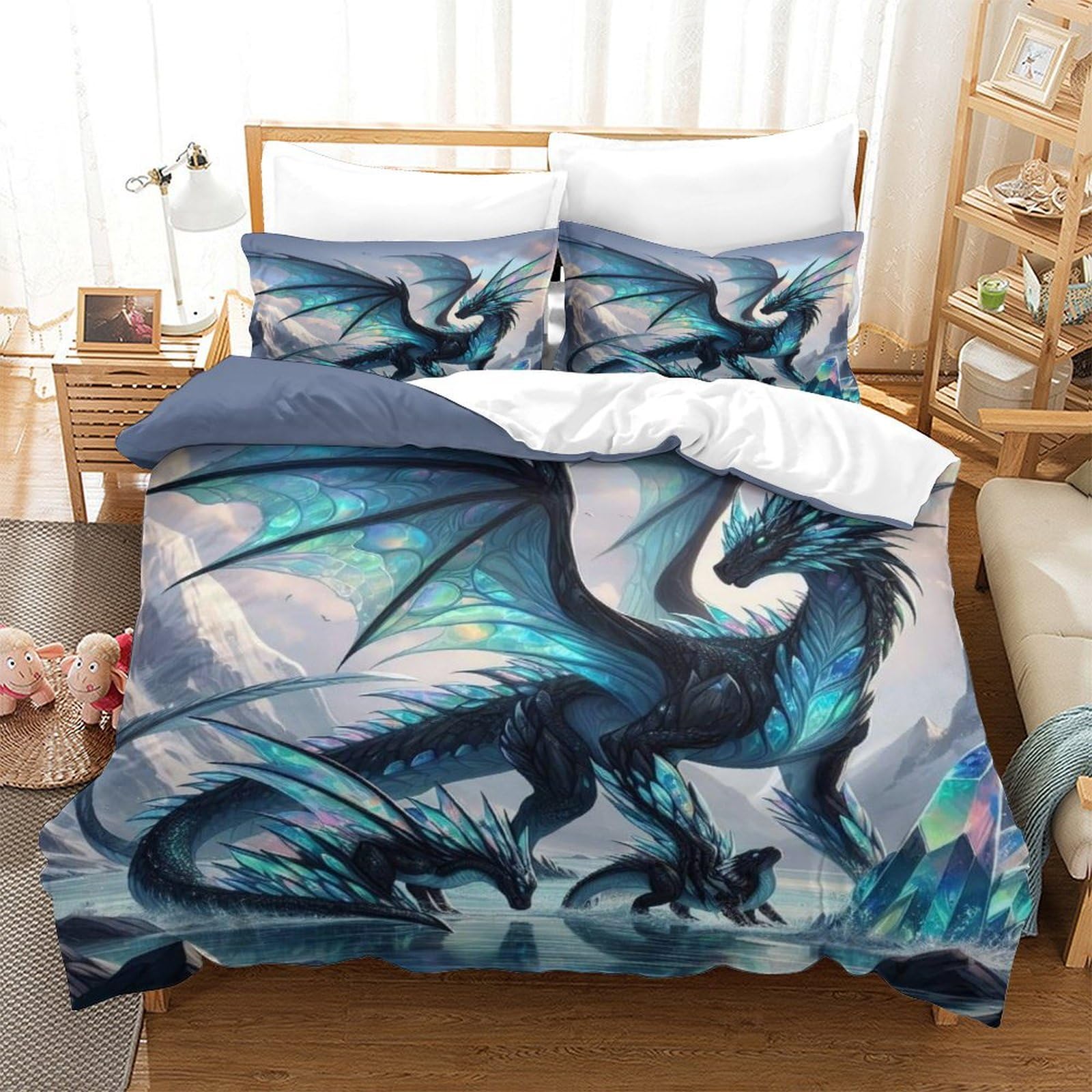 TNFHSOFT Flying Dragon 3D Printed Duvet Set Pinch Pleat Soft Microfibre Cool Animals Bed Quilt Cover with 2 Pillowcases, Easy Care Wrinkle Free Bedding Set of 3 Pcs Super King（260x220cm）