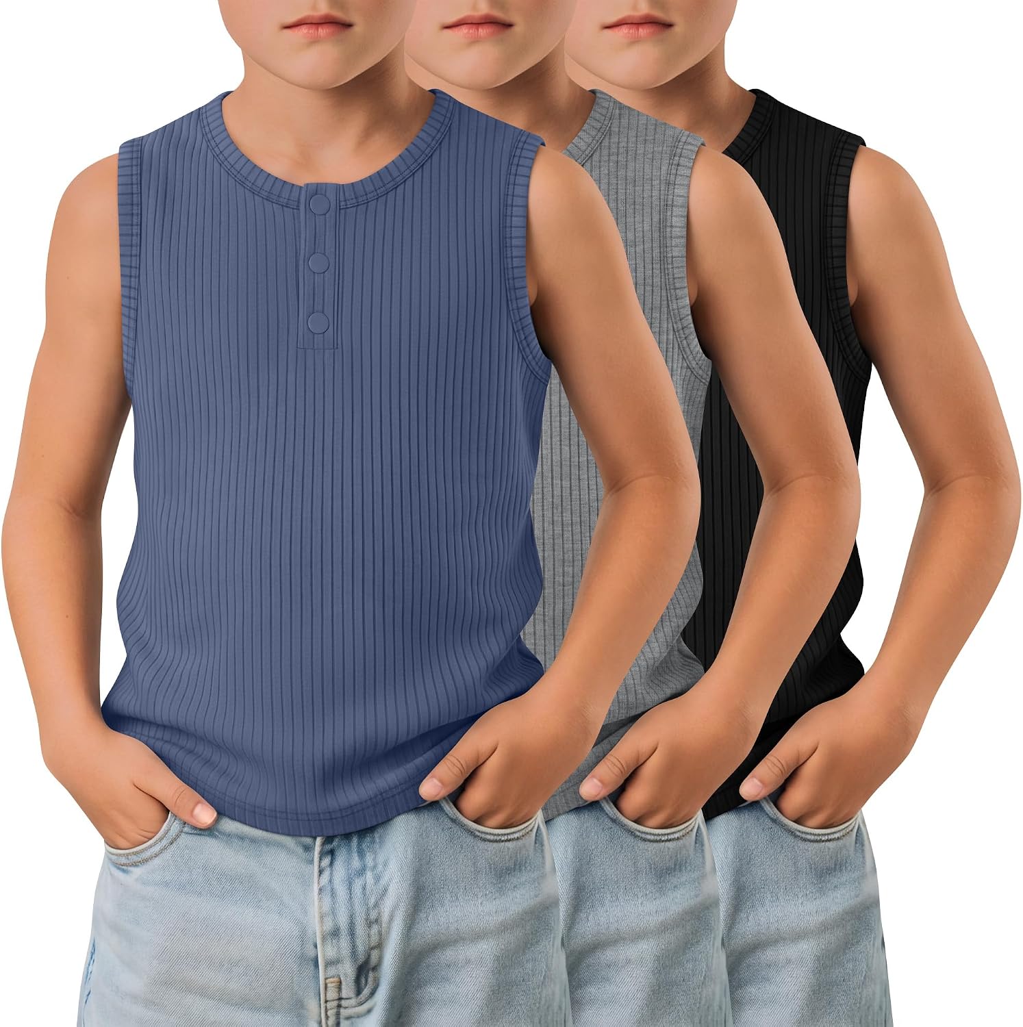 3 Pack Toddler and Boys Tank Tops Kid Sleeveless Ribbed Henley Shirts Summer Crew Neck Basic Undershirts for 3-12 Y
