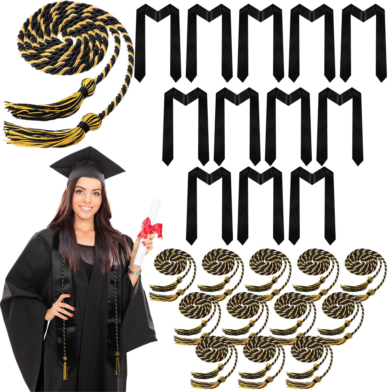 24 Pcs Graduation Stole and Graduation Cords with Tassel Plain Satin Graduation Sash Honors Cords for Graduation Adult