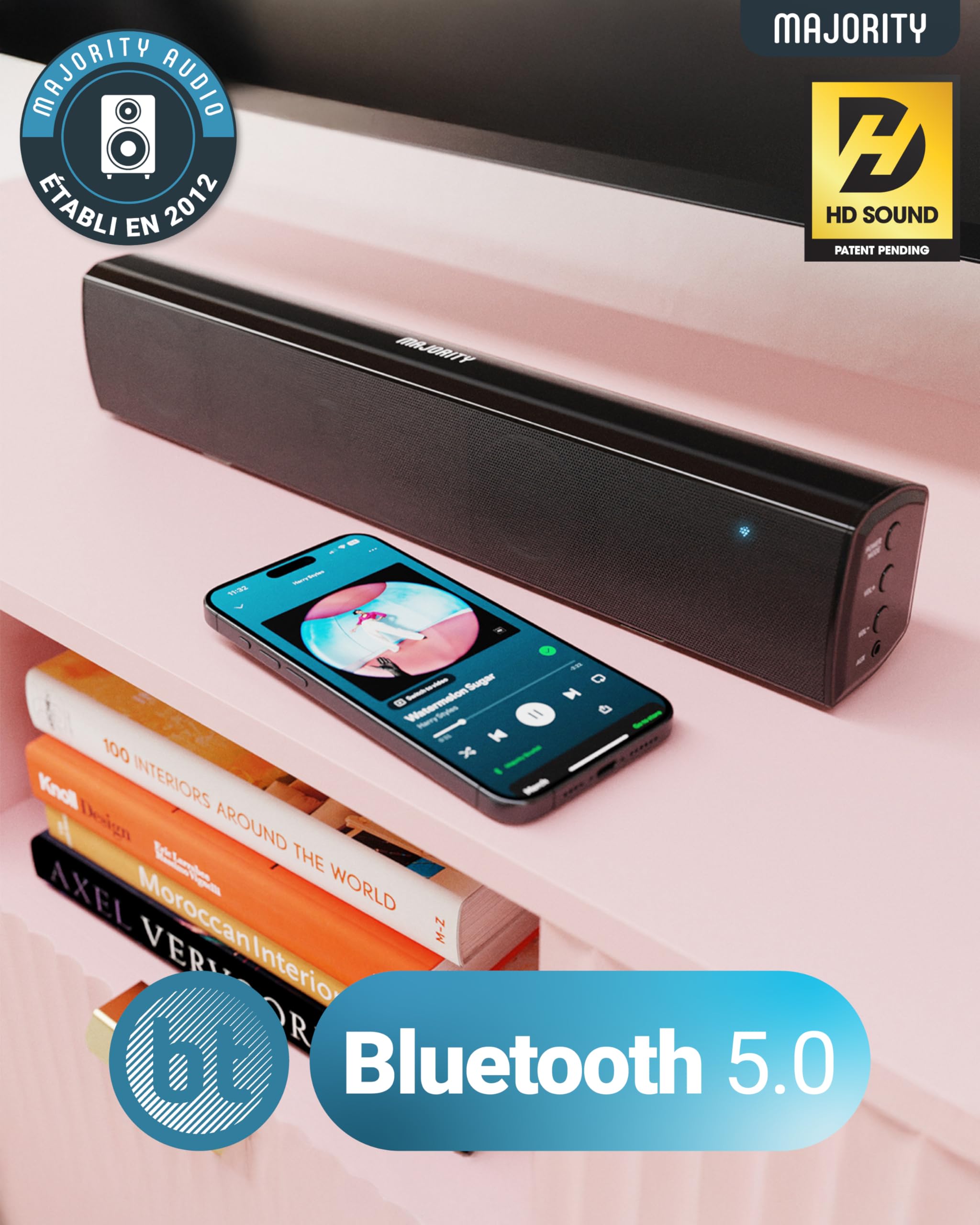Majority Bowfell 50W Barre de Son TV Bluetooth | Enceinte TV Home Cinema 2.0 | Barres de Son avec Entrée Optique, RCA, USB, MP3 et AUX | Réglages Personnalisés de L'égaliseur et Télécommande