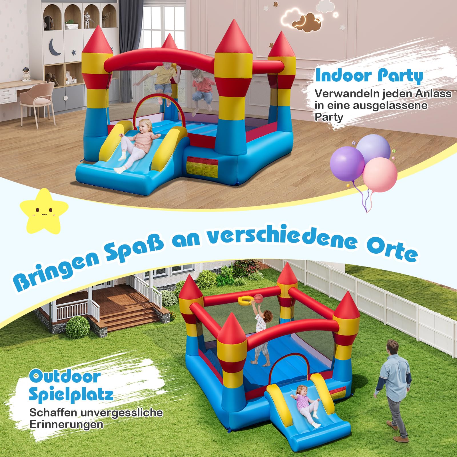 COSTWAY Hüpfburg mit 550W Gebläse, Rutsche und großem Sprungbereich, Kinder Springburg für Indoor & Outdoor, inkl. Tragetasche, Reparaturset, 380 x 280 x 221 cm