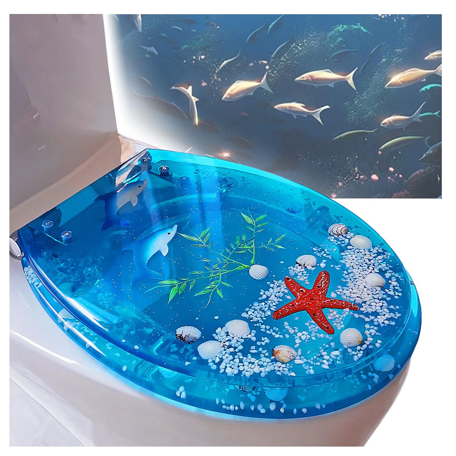 Abattant WC avec Frein De Chute, Abattant WC avec Frein De Chute, WC Clipsable en Résine, Facile À Installer, Charnière en Acier Inoxydable,Série Océan 3D