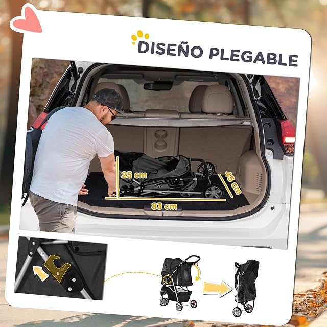 Foto 5 de 8 de PawHut Carrito para Perros Plegable con Ruedas 10 kg 77x44x102 cm Negro