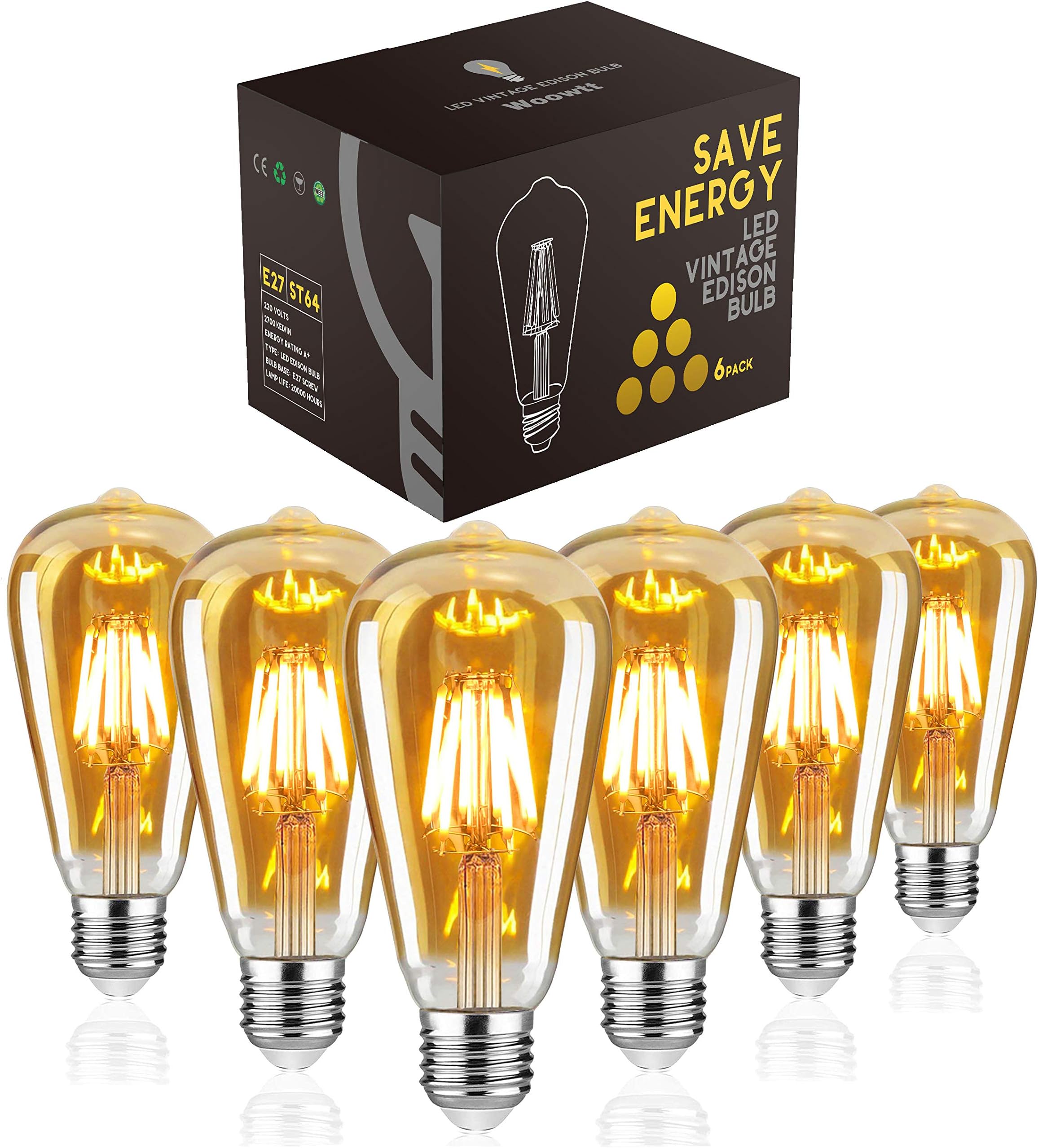 LED Edison Bulb, Vintage Light Bulb, Dimmable 6W E27 LED Bulbs, Led Filament Bulb, Antique Style Retro Amber Glass Screw Lamp, ST64, 2200K, 600LM, 6W - 6 Pack