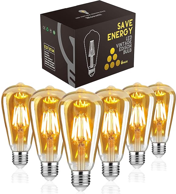 Woowtt LED Edison Bulb, Vintage Light Bulb, Dimmable 6W E27 LED Bulbs, Led Filament Bulb, Antique Style Retro Amber Glass Screw Lamp, ST64, 2700K, 600LM, 6W - 6 Pack
