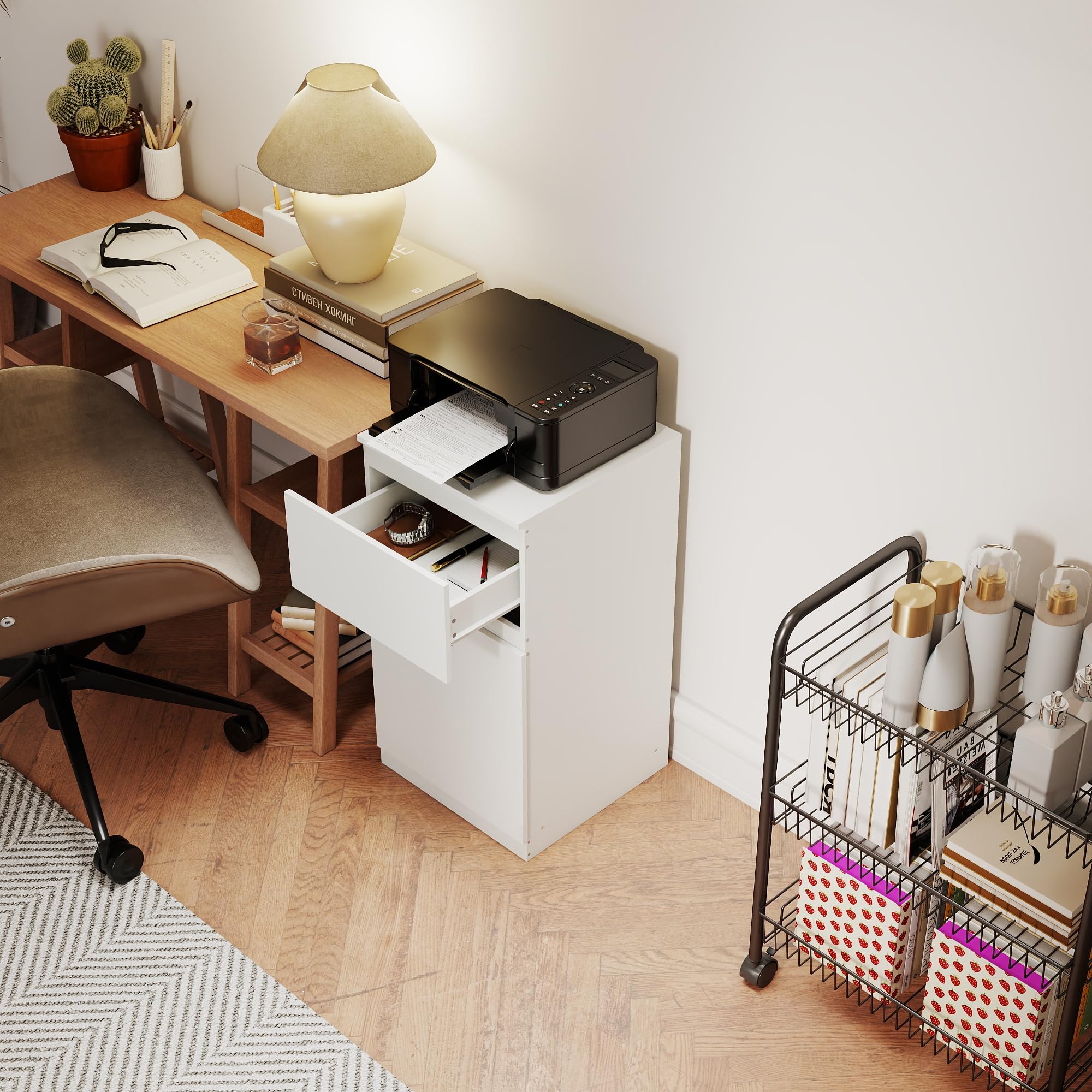 Komodenschrank für Schlafzimmer 40 cm Breit Kommode Weiß mit 1 Schubladen & 1 Tür, Nachtkasten Schubladenkommode Kommode&Sideboard Komoda Weiss für Büro Wohnzimmer Schlafzimmer Flur Möbel