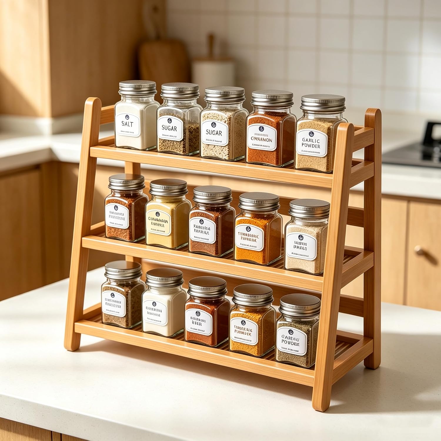3-Tier Mug Holder Bamboo Spice Rack Countertop Coffee Station Organizer Display Shelf Mug Rack for Kitchen Cabinets, Natural