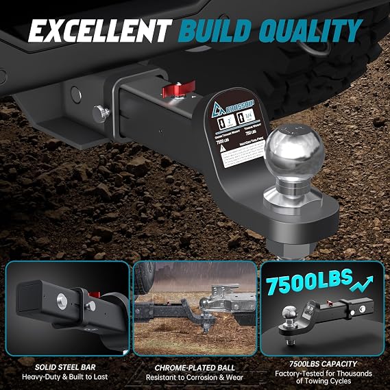 No-Accessory Trailer Ball Mount Hitch - Fits 2'' Receiver, 4'' Drop Ball Mount, Solid Dual Ball 2 Tow Hitch 7500 LBS GTW Heavy Duty Truck with Pin for SUV, Truck, RV, ATV