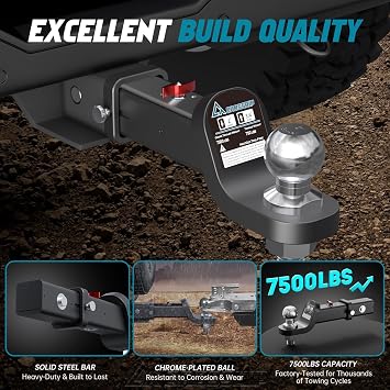 No-Accessory Trailer Ball Mount Hitch - Fits 2'' Receiver, 4'' Drop Ball Mount, Solid Dual Ball 2 Tow Hitch 7500 LBS GTW Heavy Duty Truck with Pin for SUV, Truck, RV, ATV