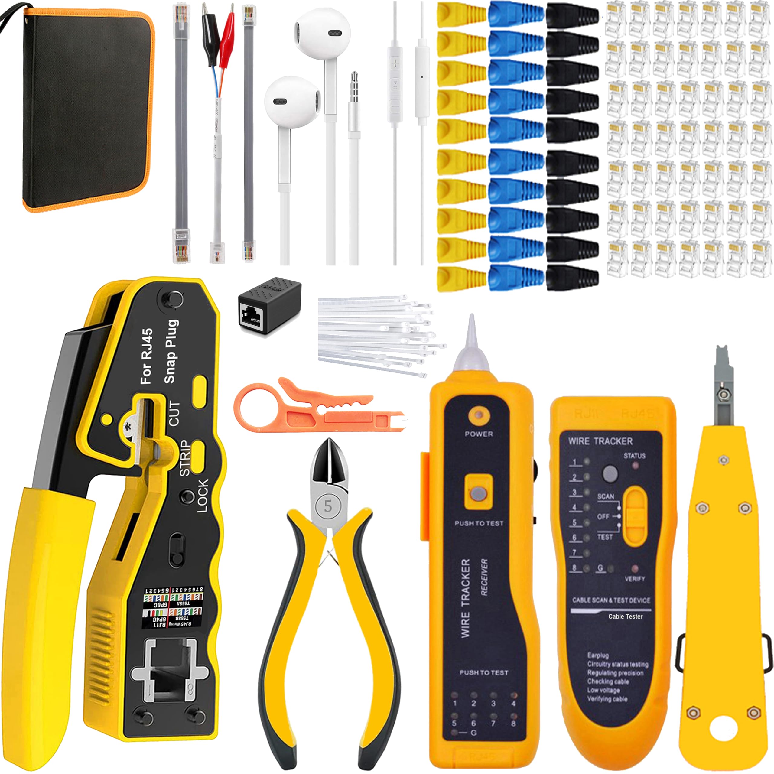 Leatbuy – Ensemble d'outils de sertissage RJ45 CAT5/CAT6 pour prises, pinces, 50 connecteurs réguliers, 50 couvertures, kit de dénudage de fil réseau Ethernet (noir)