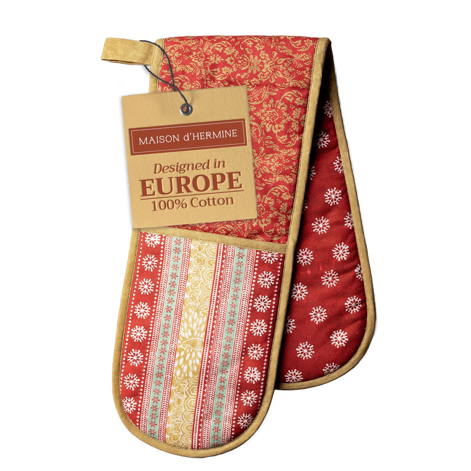 Maison d' Hermine Double Oven Mitts 100% Cotton 18 cm x 89 cm Double Oven Mitt Heat Resistant BBQ Cooking Gloves with Loop Baking Grilling Handling Hot Pans Spring Summer (SOFIA)