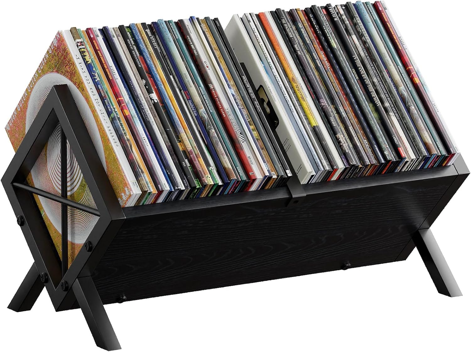 Vinyl Record Holder - 80-100 LP Vinyl Record Storage Rack, Quick Assembly Display, Retro Style Organizer for Magazine, Book, Files, Albums (Black)