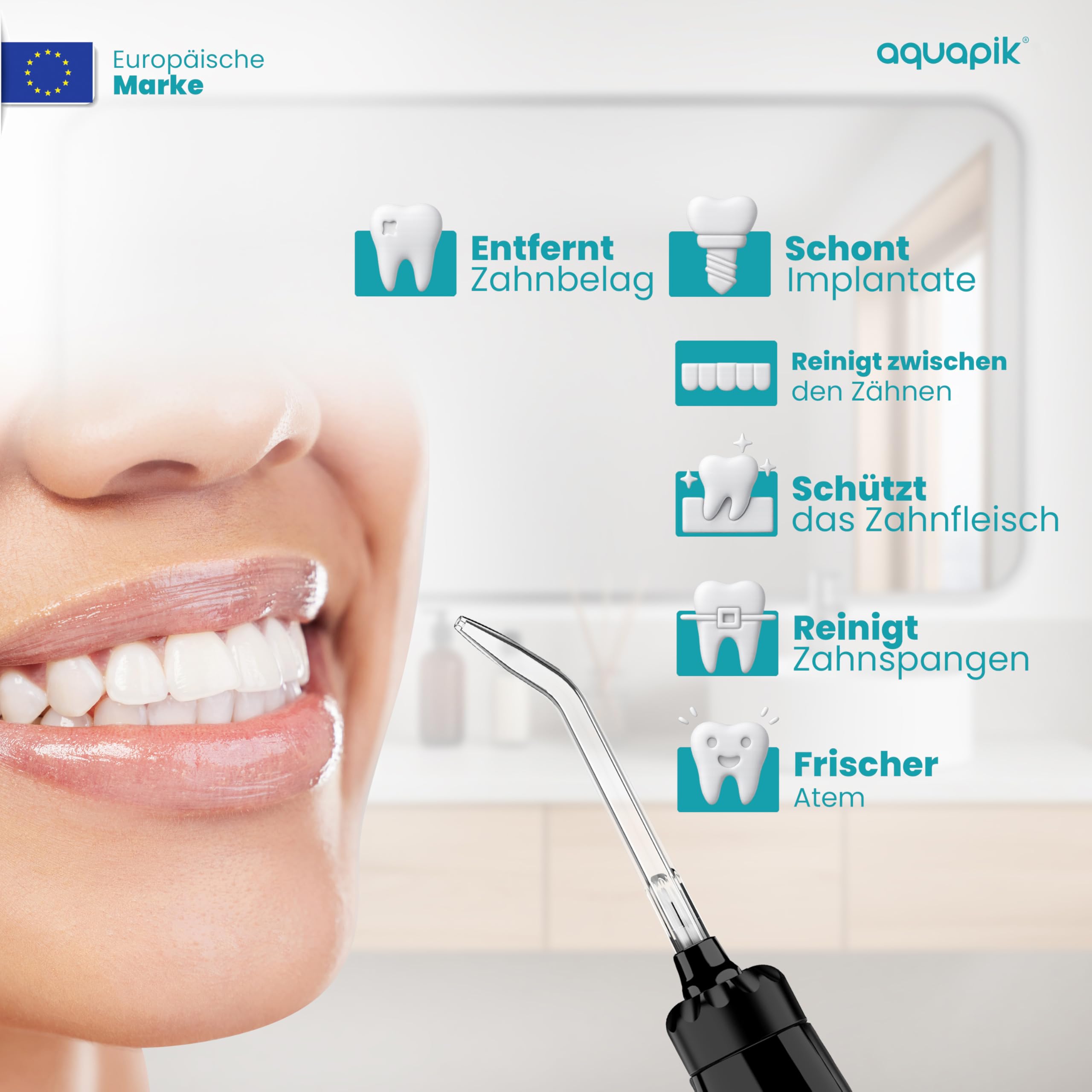 Aquapik® ADVANCED Munddusche | Ideal für Zahnspangen, Implantate und empfindliches Zahnfleisch | Aufhellungs-Kit entfernt Flecken | 10 Druckstufen | 10 Düsen | Von Zahnärzten empfohlen.