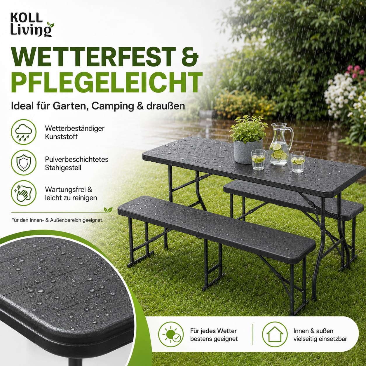 Koll Living Bierzeltgarnitur Nomad – 3-teiliges Bierbank Set klappbar | Biertisch, 2X Bank | aus Kunststoff | UV- und witterungesbeständig